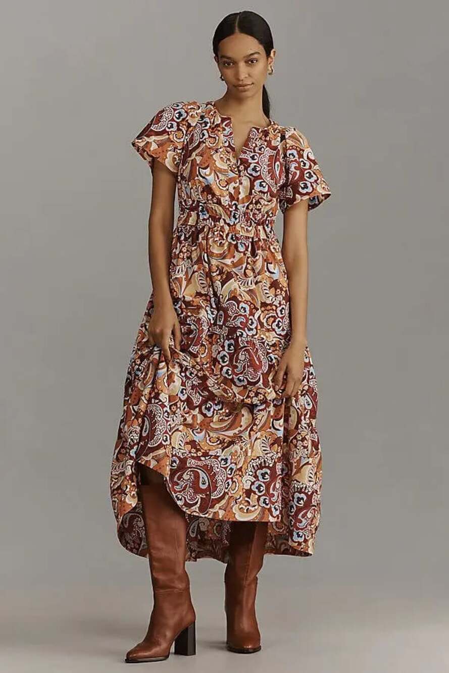 NWT Anthropologie The Somerset Maxi Dress Puff-Sleeve Edition $168 SMALL Bronze